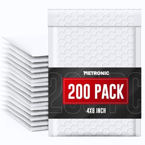 METRONIC 4x8 Inch Small Bubble Mailers 200 Pack White Padded Envelopes