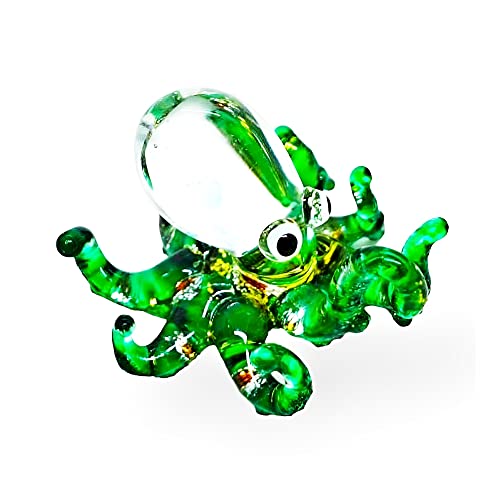 WitnyStore Tiny 1¼" Glittering Green Octopus Figurine - Miniature Hand Blown Glass Octopuses Squids Cuttlefish Marine Mollusks Colorful Crystal Sea Animals Decorative Collectible Figures Décor Gifts