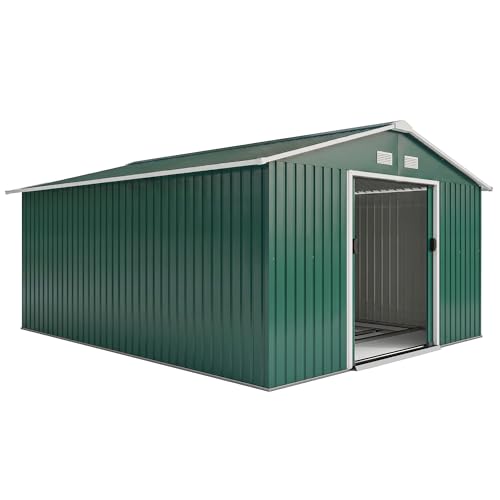 Outsunny Gerätehaus 12,4 m², Gartenhaus mit Satteldach, Schiebetür, Fundament, 386 x 340 x 200 cm, Geräteschuppen aus Verzinkter Stahl, wetterfest, für Garten, Dunkelgrün Outsunny Gerätehaus 12,4 m², Gartenhaus mit Satteldach, Schiebetür, Fundament, 386 x 340 x 200 cm, Geräteschuppen aus Verzinkter Stahl, wetterfest, für Garten, Dunkelgrün