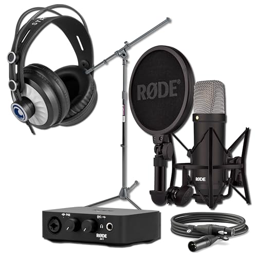 Rode NT1 Signature Black Condenser Mic Bundle with Ai-1 USB-C Interface, Cans50 Headphones, and MS7701B Tripod Stand &mdash; 4 dBA Self-Noise XLR Studio Mic for Singing, Vocal Recording, Voiceover