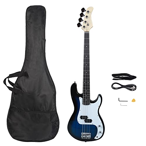 LALAHO Electric Bass Guitar, Full-Size 4 String Bass Guitars Beginner Kit with Gig Bag, Shoulder Strap, Cable Accessories for Starter, Professionals & Adults (Blue)