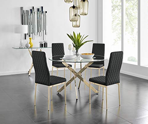 Juego de mesa de comedor redonda de metal y cristal con sillas de 4/6 D, elegante piel contemporánea para comedor, cocina o sala de estar, colección Furbox