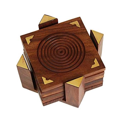 Ajuny Indian Hand Carved Set of 6 Wooden Bar Drink Coaster Holder For Tea Cups Coffee Mugs And Water Glasses Cover