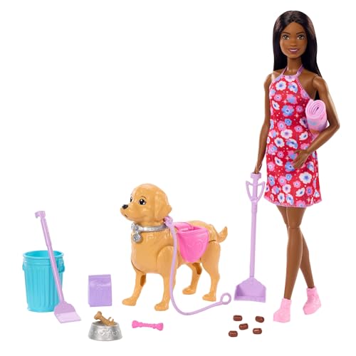 Barbie - Set Cagnolina Cammina e fa i bisogni, con bambola Brooklyn, cucciolo e accessori per la passeggiata inclusi, giocattolo per bambini, 3+ anni, JJB47