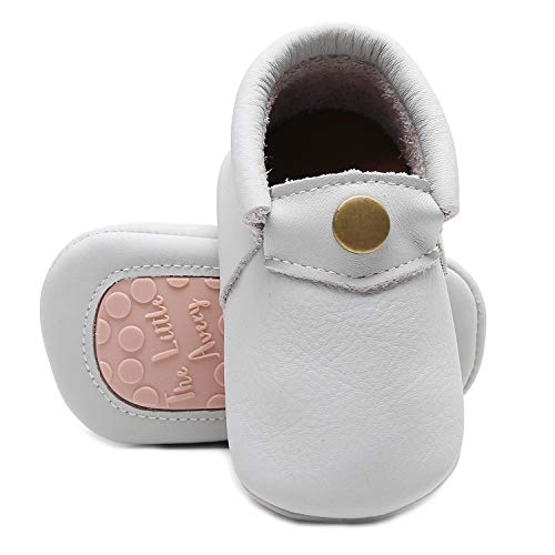 HONGTEYA Premium Leather Baby Slippers - Fringeless Toddler Moccasins Leopard Print Sandals with Rubber Sole Shoes for Boys and Girls (6-12 Months/ 5.5 M US Toddler, White)