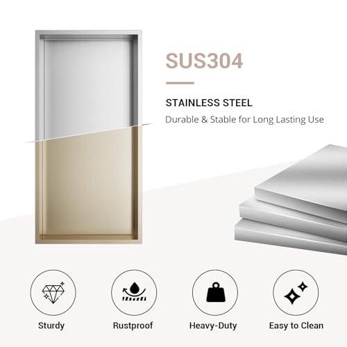 Shower Niche,Stainless Steel,Recessed Niche Shower for Bathroom Storage,no tiling Required, 12" X 12" X 4",Champagne Gold - Image 6