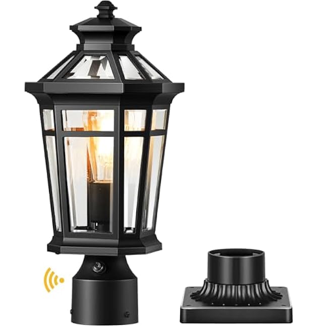 Outdoor Post Lights Hard Wired, 7¡Á17inch Dusk to Dawn Lamp Posts Outdoor Lighting, Black Modern Exterior Lamp Post Light Fixture with Pier Mount Base, Outdoor Pole Lights for Porch, Garden