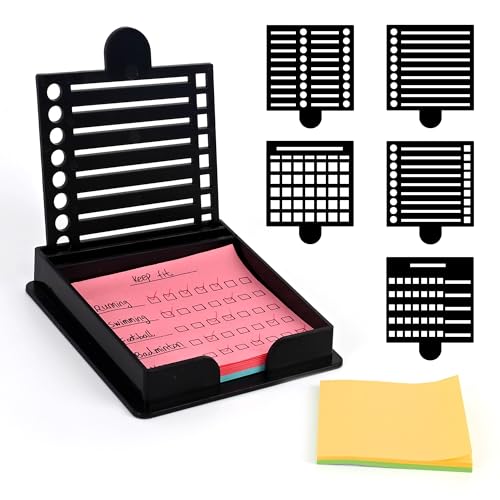 JANLOVE Sticky Note Holder Compatible with Post It Notes, 3x3 Sticky Note Stencil Dispenser with Template, Memo Pad Organizer with Five Line Box Drawing Template for Home and Office
