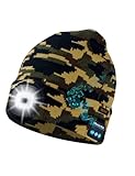 Keains Bluetooth Beanie with Light, Musical Knit Hat with Headphones and Built-in Speaker Mic, Gifts for Men Women Dad Camouflage Green