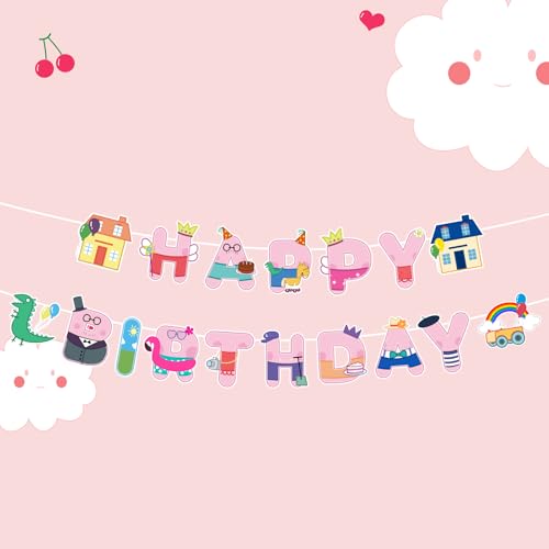 Pink Pig Birthday Banner, 2 Pcs Catoon Happy Birthday Banner Set, Animal Theme Party Decorations for Kids, Pink Party Decorations for Girls Boys
