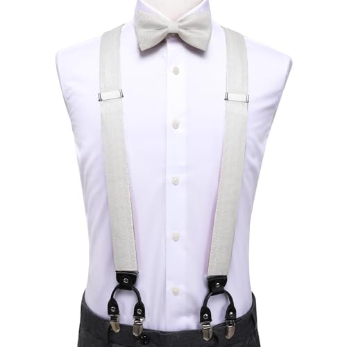 Image of Hi-Tie Men Suspender Bowtie Set Suspenders Pre-tied Bow Tie Pocket Square Cufflinks Adjustable Y Shape 6 Clips Braces Tuxedo