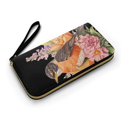 Jolamirel Painting Bird Floral Wallet for Women American Robin Printed Large Capacity Credit Card Holder, Watercolor Flowers Ladies Wristlet Clutch Leather Wallet