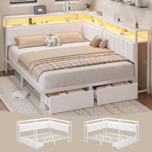 Otevehde Queen Corner Bed Frame with Storage Drawers, Modern Daybed with LED Lights and Charging Station, Metal Platform Bed Frame Queen Size with Velvet Upholstered Guardrail for Dorm Bedroom, White