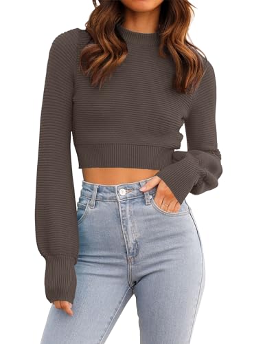 ZESICA Women's Spring Mock Neck Cropped Sweaters 2026 Long Sleeve Soft Ribbed Knit Pullover Jumper Tops Nutmeg Medium