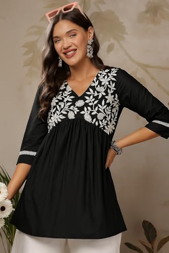 Image of MAHIRA'S Women's Short Kurti, Black Rayon Tunic Top with Embroidered Sleeves, 3 /4 Designer Sleeves