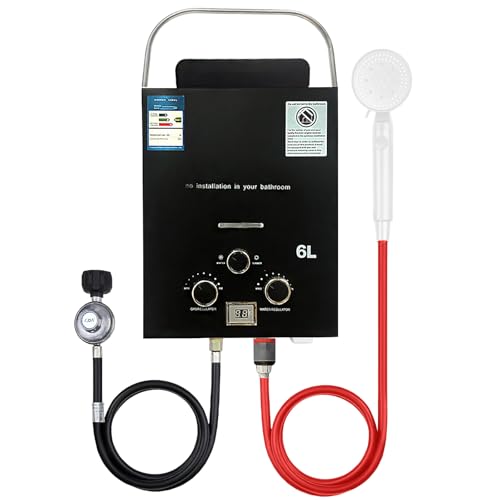 Calentador de agua a gas Propano Butano GPL 6L 12KW, con manija plegable portátil, con kit de ducha, modos invierno y verano, Calentador de agua led sin reserva, para caravana, RV Viaje (Negro)