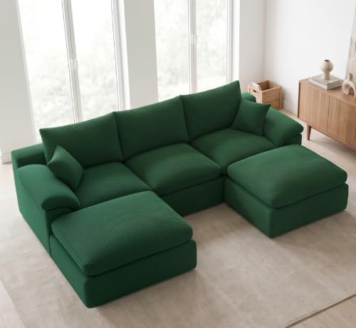 Image of Cloud Sectional Couch, Boneless Couch Modular Sofa, Green | U shaped, Couches for Living Room & Apartments, Deep Seat & Convertible Ottoman, Kid & Pet Friendly, Family Ready