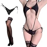 [OLYOLY] 3点セット 過激 超ハイレグレオタード セクシー コスプレ レディース Tバック 透ける 水着 スク水 ランジェリー ニーハイ (01 黒3点セット)