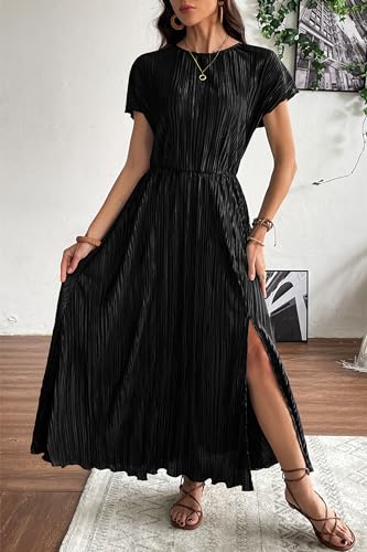 Image of CCTOO Womens Summer Maxi Dresses: Casual Short Sleeve Crewneck Slit Sundress Ruffle Pleated Long Flowy Party Cocktail Dress