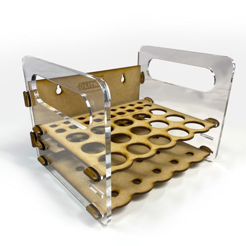 Image of Mobile Paint Caddy | 15 Bottles + 18 Brushes | 26mm Vallejo Dropper | Carry loaded with one hand | Also fits Army Painter, AK Interactive & Reaper | MDF & acrylic, snap-together, no glue | 18mL