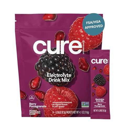 Cure Hydrating Electrolyte Mix | Powder for Dehydration Relief | FSA & HSA Eligible | Made with Coconut Water | No Added Sugar | Vegan | Paleo Friendly | Pouch of 14 Packets - Berry Pomegranate