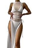 Women's Swimsuit Cover Up Mesh Maxi Dress Sheer High Split Bathing Suit Bikini Swimwear Cover Up Dress with Drawstring White S