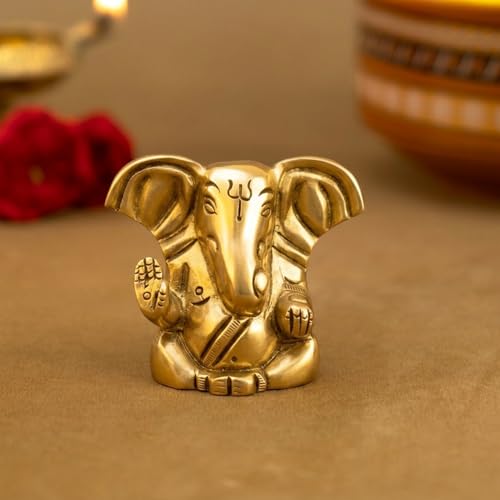 Image of Ekhasa 100% Pure Brass Ganesha Idol (Size: 4 cm) | Pital Ganesh Murti for Pooja Room, Home Decor, Office Desk and Car Dashboard | Vinayagar Statue for Diwali Puja