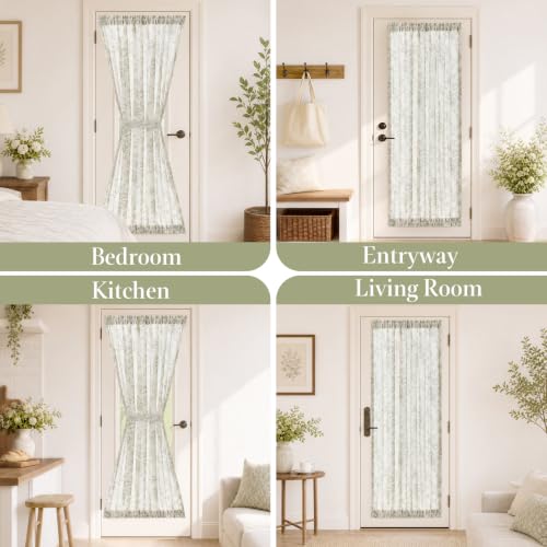Image of jinchan Alice Floral French Door Curtain Farmhouse Linen for Sliding Glass Door 72 Inches 1 Panel with Tieback Light Filtering Curtain for Window Patio Rod Pocket Green on Linen