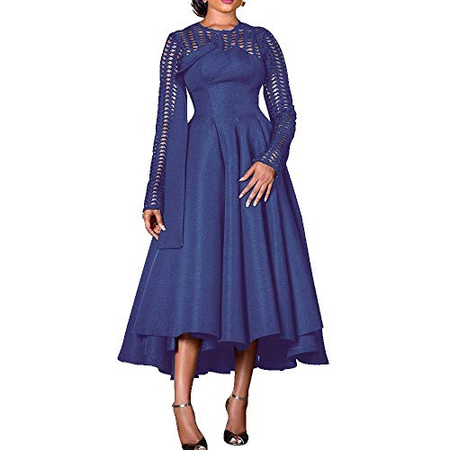 VERWIN Long Sleeve Hollow Mid-Calf Round Neck Plain Women's Dress Maxi Dress Party Dress (X-Large, Blue)