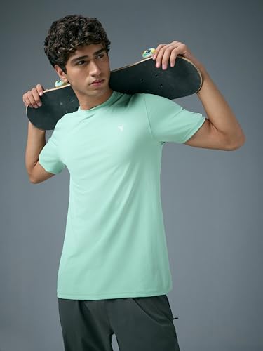 Image of TECHNOSPORT Men's Slim Fit Solid Crew Neck T-Shirt, Cotflex Quick Dry Wrinkle Resistant Polyester Sports Tee for Gym, Running, Training, Sports