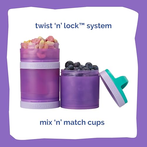 Image of Whiskware Stackable Snack Containers for Kids and Toddlers, 3 Stackable Snack Cups for School and Travel, Green /Purple /Purple