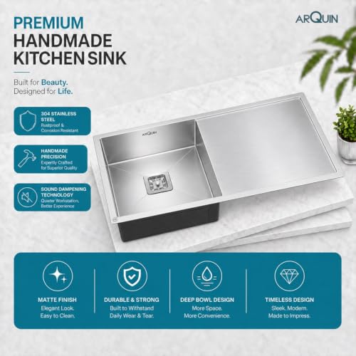 Image of ARQUIN Kitchen Sink 45x20x10 Inch Handmade Single Bowl Drain Board Matt Finish Kitchen Sink 304 Grade Stainless Steel Kitchen Sinks | Sink For Kitchen Basin Square Drainer and Adjustable Fruit Basket