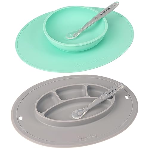 Image of Upward Baby Suction Plates & Bowls for Baby -Toddler Essentials Silicone Baby Plate & Bowl with 2 Baby Spoons Self Feeding 6 Months - Kids Plates Baby Utensils & Baby Feeding Supplies BPA Free