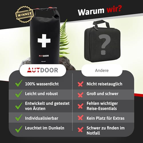 AUTDOOR® Erste Hilfe Set Outdoor - DIN13167 - Wasserdicht & leicht - Entwickelt mit Ärzten - Reiseapotheke für Wandern, Klettern, Wassersport - Kompakte Notfalltasche für Reisen