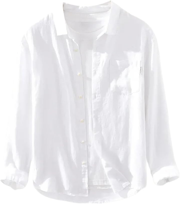 LIXINGHEITANG Men Clothing Spring and Autumn Men' Linen Shirt Loose Lapel Pocket