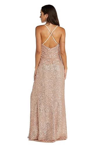 Image of Nightway Juniors' Long Sequin Cowl Neck Gown W /Cross-Back Spaghetti Straps & Side Slit - Prom Cocktail Party