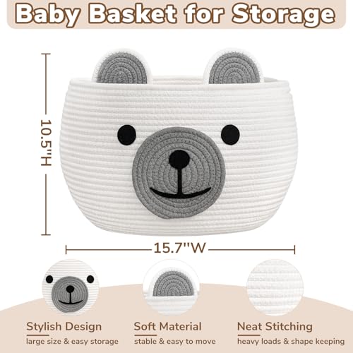 Image of CherryNow Baby Basket for Nursery, Woven Rope Baby Shower Basket, Cute Baskets for Gifts Empty, Diaper Caddy Organizer with Handles, White, 15.7 inchD x 10.5 inchH