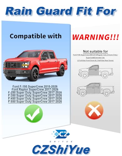 Image of Extra-Thick Window Rain Guards Fit for Ford F150 2015-2026 SuperCrew & 2017-2026 Raptor /F-250 /F-350 /F-450 /F-550 Super Duty SuperCrew Full Size Window Deflectors Window Vent Visors Shades
