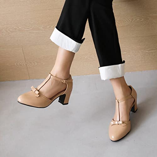 DEERBUNNY Women's Sweety Bows T-Strap Pumps Round Toe Block Heels Mary Jane Shoes Formal Smart Party Dress Sandals for Ladies 5