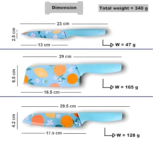 Image of Knife Set for Kitchen Professional 3 Pieces High Carbon Stainless Steel Colour Printed Coated Chef Knife I Utility Knife I Kitchen Knives with Ergonomic (Blue)
