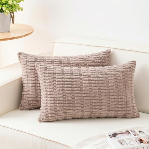 Image of Pack of 2 Corduroy Decorative Throw Pillow Covers 12x20 Inch, Light Brown | Fall Soft Striped Pillow Covers Modern Farmhouse Home Decor Christmas Throw Pillow Covers for Sofa Living Room Couch Bed