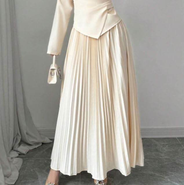 Slimming Pleated Skirt A-Line Design for Petite Women Elegant Maxi Dress Chic High-End Style Beige Color3