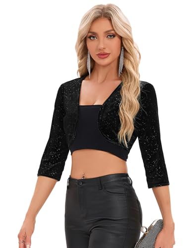 Image of Women's Shrug Cropped 3 /4 Sleeve Front Open Velvet Silver Cardigan Sprinkled Elegant High End Party Top