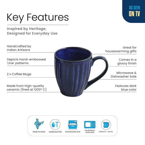 Image of ExclusiveLane 'Midnight Ribbed' Hand-Embossed Ceramic Coffee Mug Ceramic Mugs for Milk Chai Tea Cup (Set of 2, 260 ML, in Gift Box, Microwave Safe)