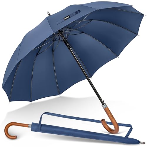 KEYHOT Grand parapluie à manche - XL parapluie parapluie coupe-vent parapluie en bois à manche en J parapluie automatique pour hommes femmes (Bleu saphir)