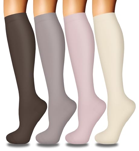 4 Pairs Compression Socks for Women Circulation-Best Support for Light to Moderate Level, Gentle Pressure for Beginners, Easy Wear Design for Daily Needs Brown Pastel Pink S-M