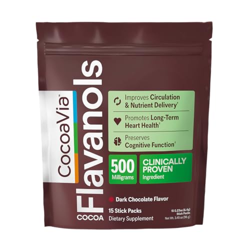 CocoaVia Cardio Health Cocoa Powder, 15 Single Serve Sticks, 500mg Cocoa Flavanols, Support Heart Health, Boost Nitric Oxide, Improve Circulation, Energy, Preworkout, Travel-Friendly, Vegan, Cacao