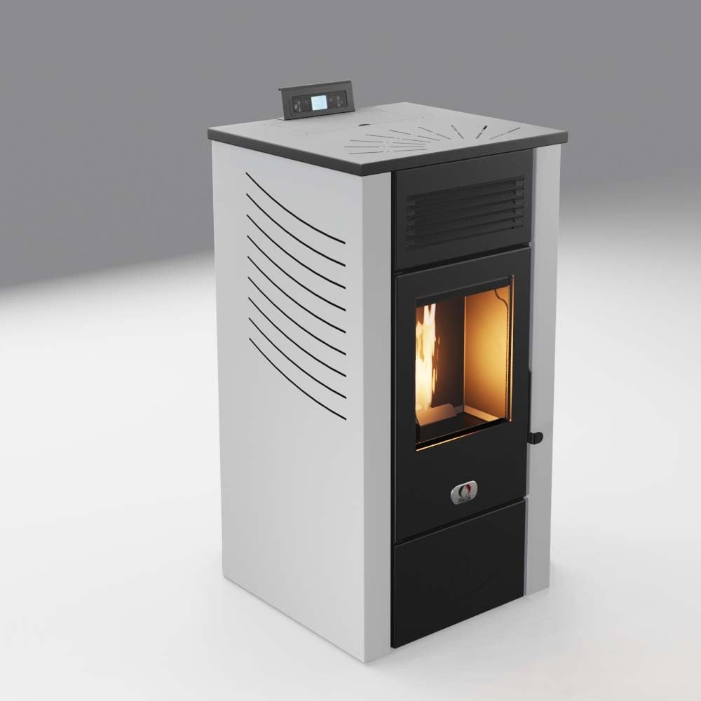 Stufe a Pellet Italia - Estufa de pellet canalizada, modelo Canada de 14 Kw, eficiencia 89 %, calienta hasta 130m², 15 hrs. de autonomía, 5 velocidades, 5 niveles de potencia, programable (blanco)