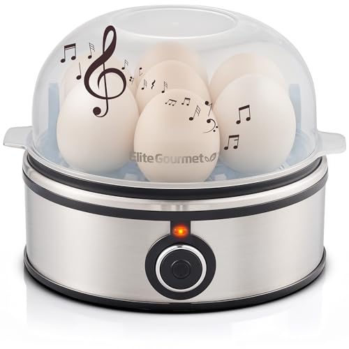 Elite Gourmet EGC855SS Easy Egg Cooker, 7-Egg Capacity, Soft, Medium, Hard-Boiled, Omelets, Poached Eggs, Plays Melody when Done, Auto Shut-Off, Measuring Cup, Stainless Steel