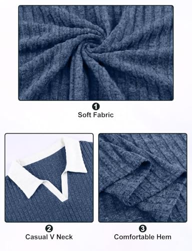 Image of Koscacy Women Plus Size Casual Knit Sweater Lapel V Neck Solid Color Tops Lightweight Long Sleeve Blouses